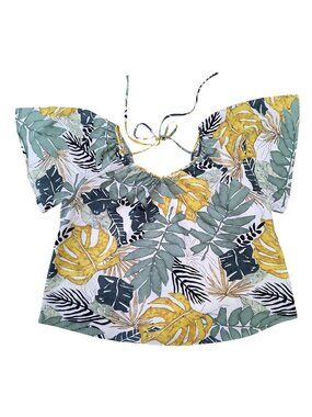 Green & Gold Palm Tie Back Flutter Sleeve Top 2XL